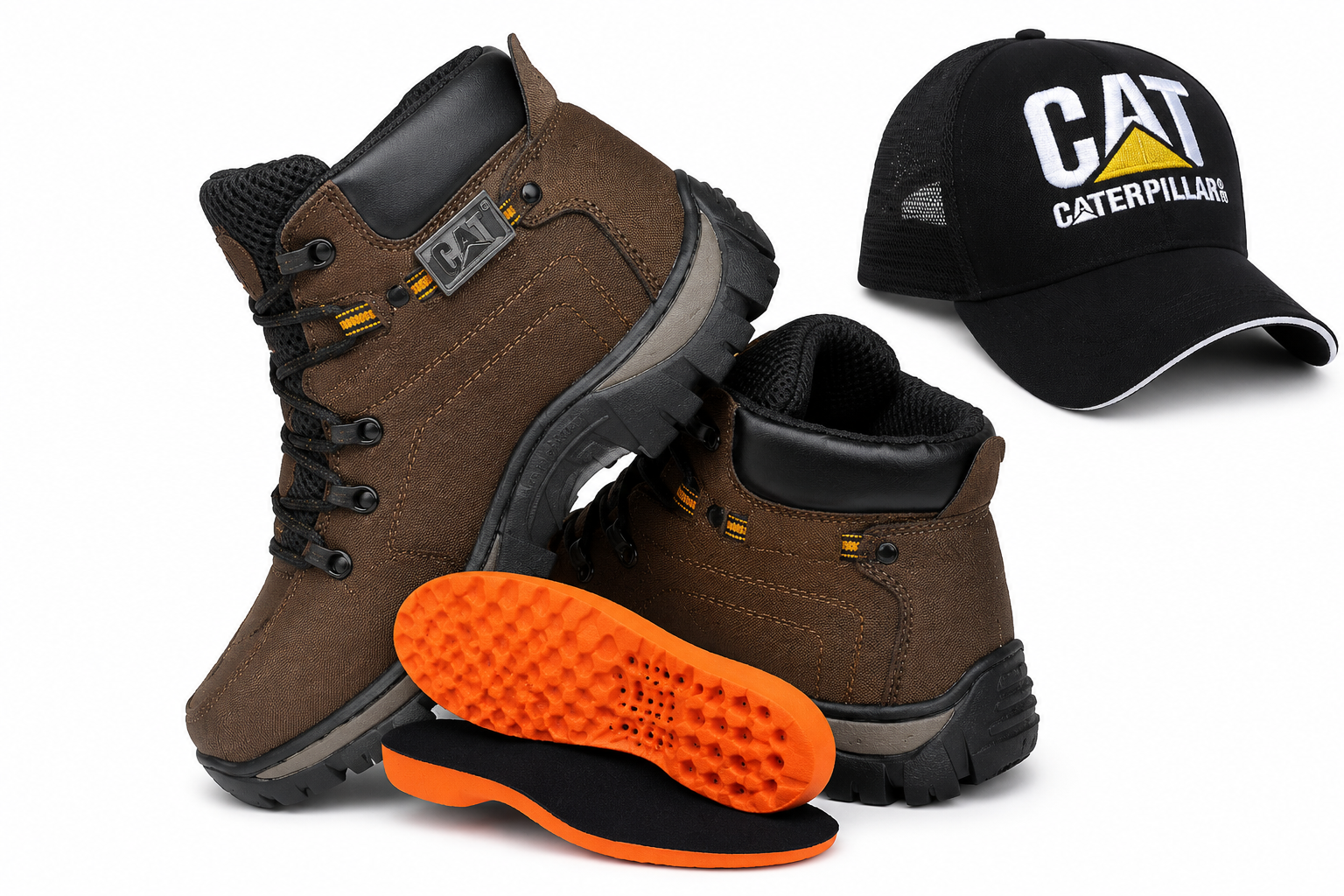 Kit coturno adventure masculino marrom acompanhado de boné e palmilhas
